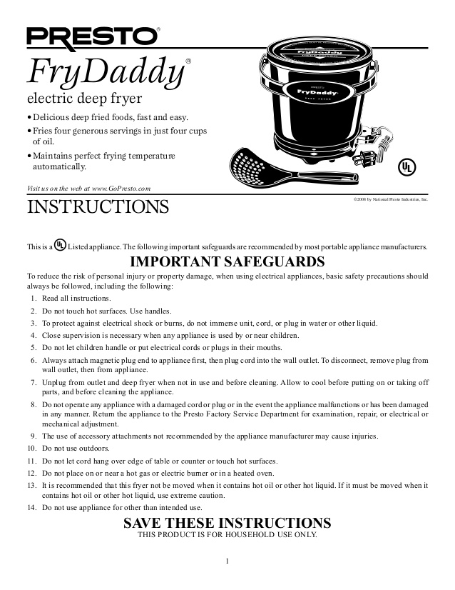Download Presto Fry Daddy Manual